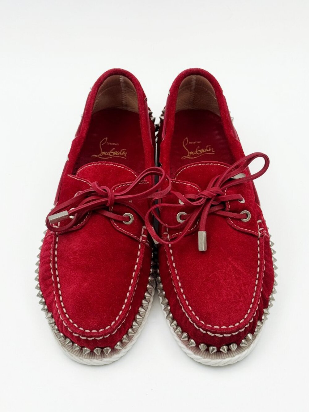 Christian Louboutin red suede loafers with silver studs